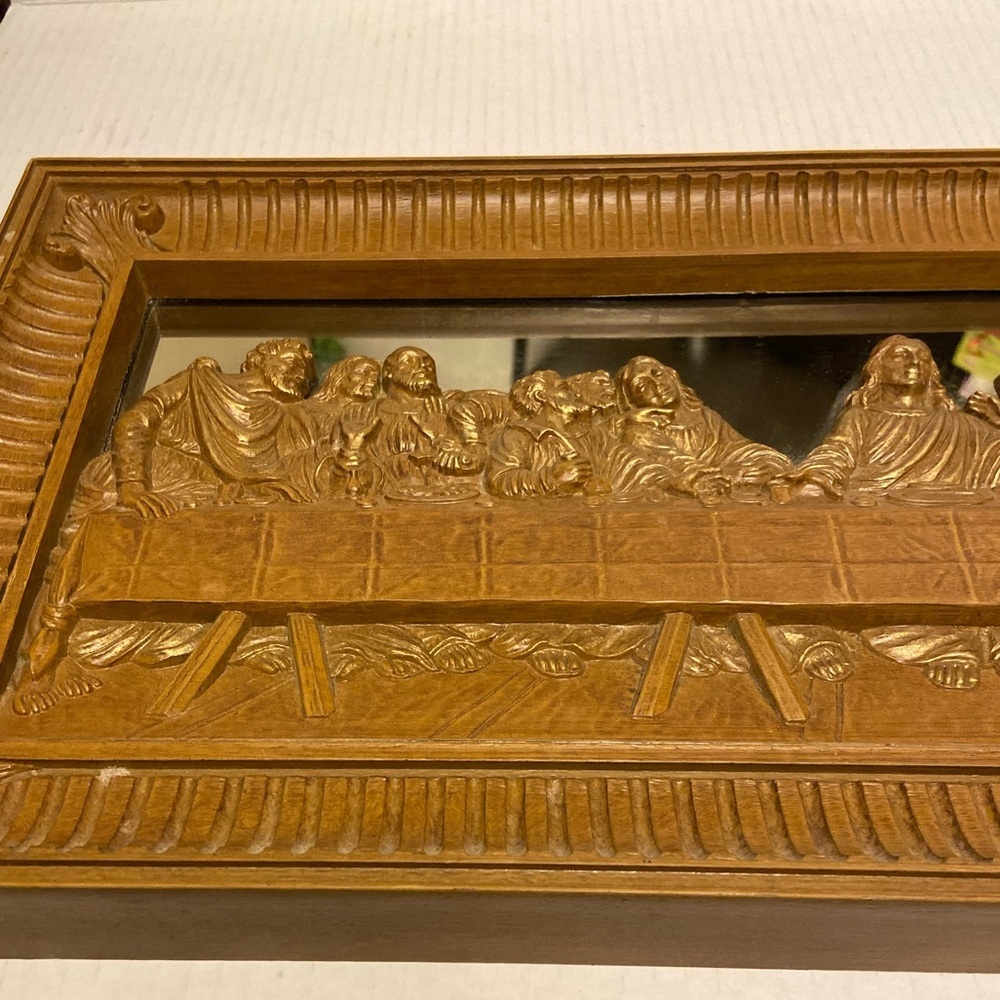 Vintage The Last Supper 3D Raised Effect Etched Sculpted Art Mirror in Brown - Picture 2 of 5